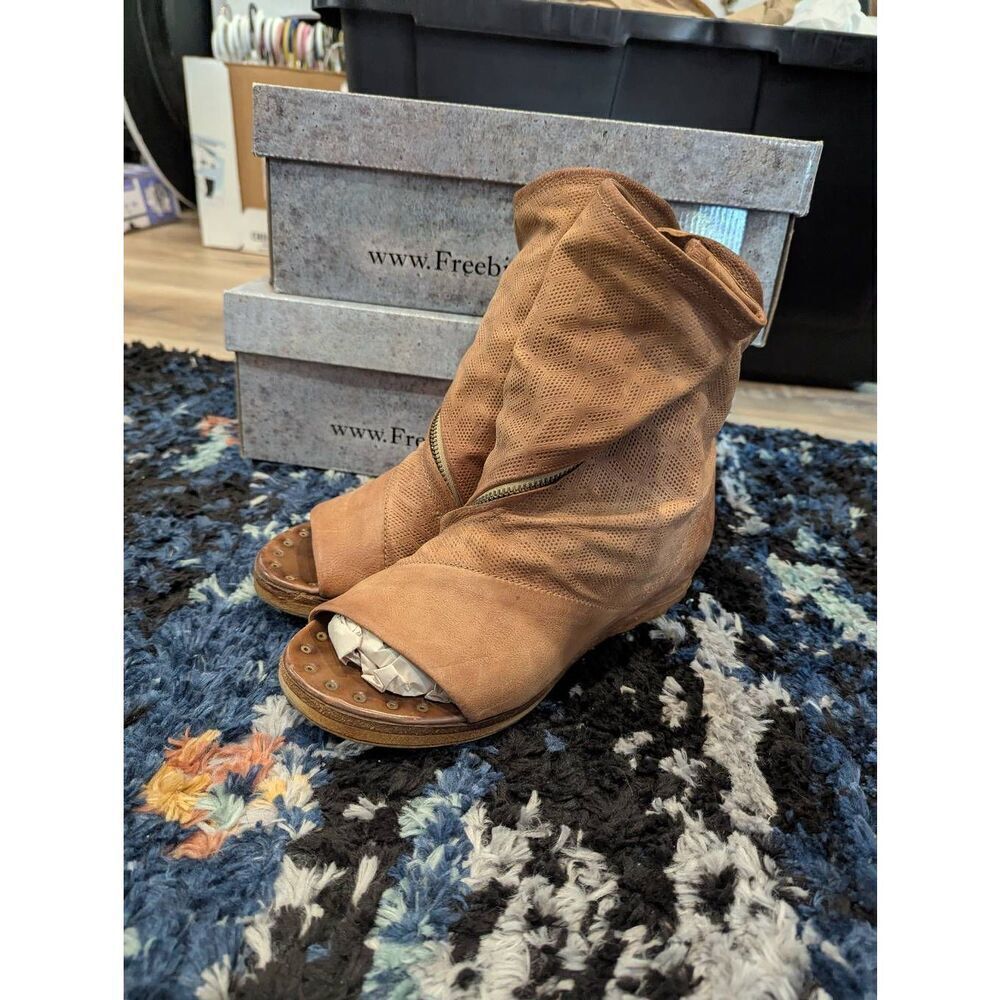 A.S.98 Brielle Bootie Sandals Tan Leather Slouch Peep Toe Zip EU 39 US 8.5–9 - Picture 3 of 9